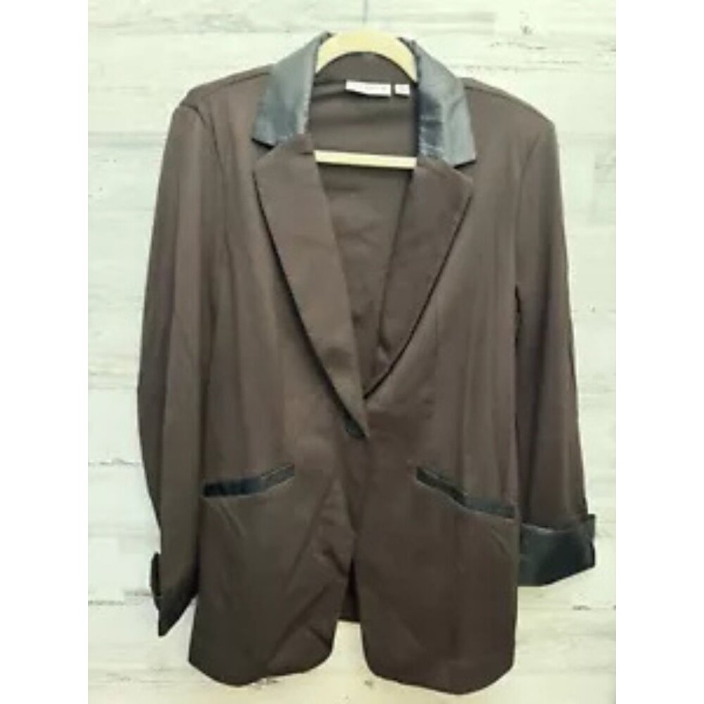 Susan Graver Cotton Stretch Blazer Faux Leather Trim Brown Black Size 8